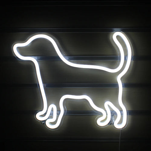 Een levendig LED-neonbord in de vorm van een klein, speels hondje.