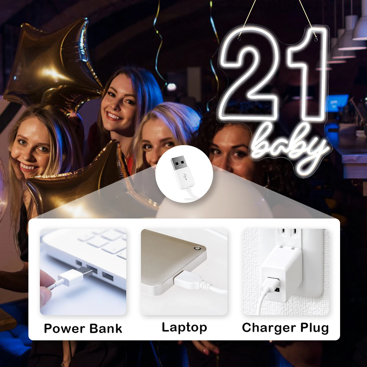 21 baby Happy Birthday 5V USB LED Neon Sign - Budget Friendly