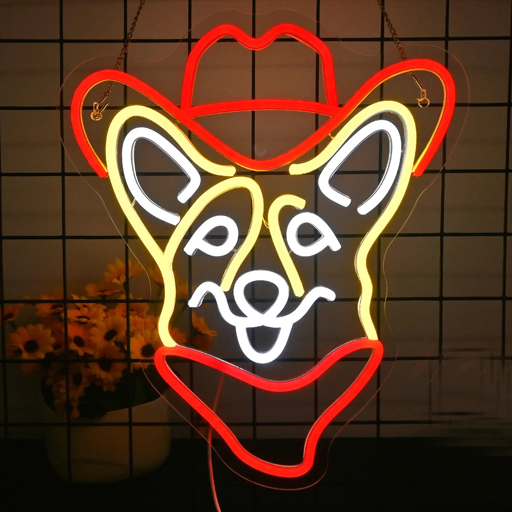 Op de afbeelding staat een opvallend LED-neonbord in de vorm van een corgi met een cowboyhoed.