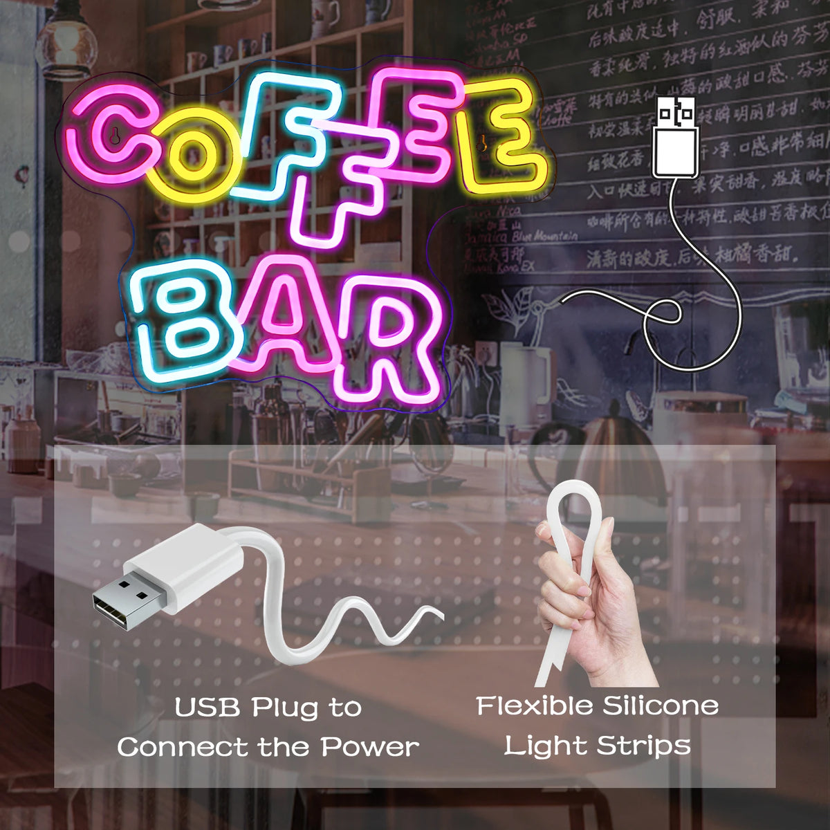 Coffee Bar – LED-neonreclame (5 V USB)