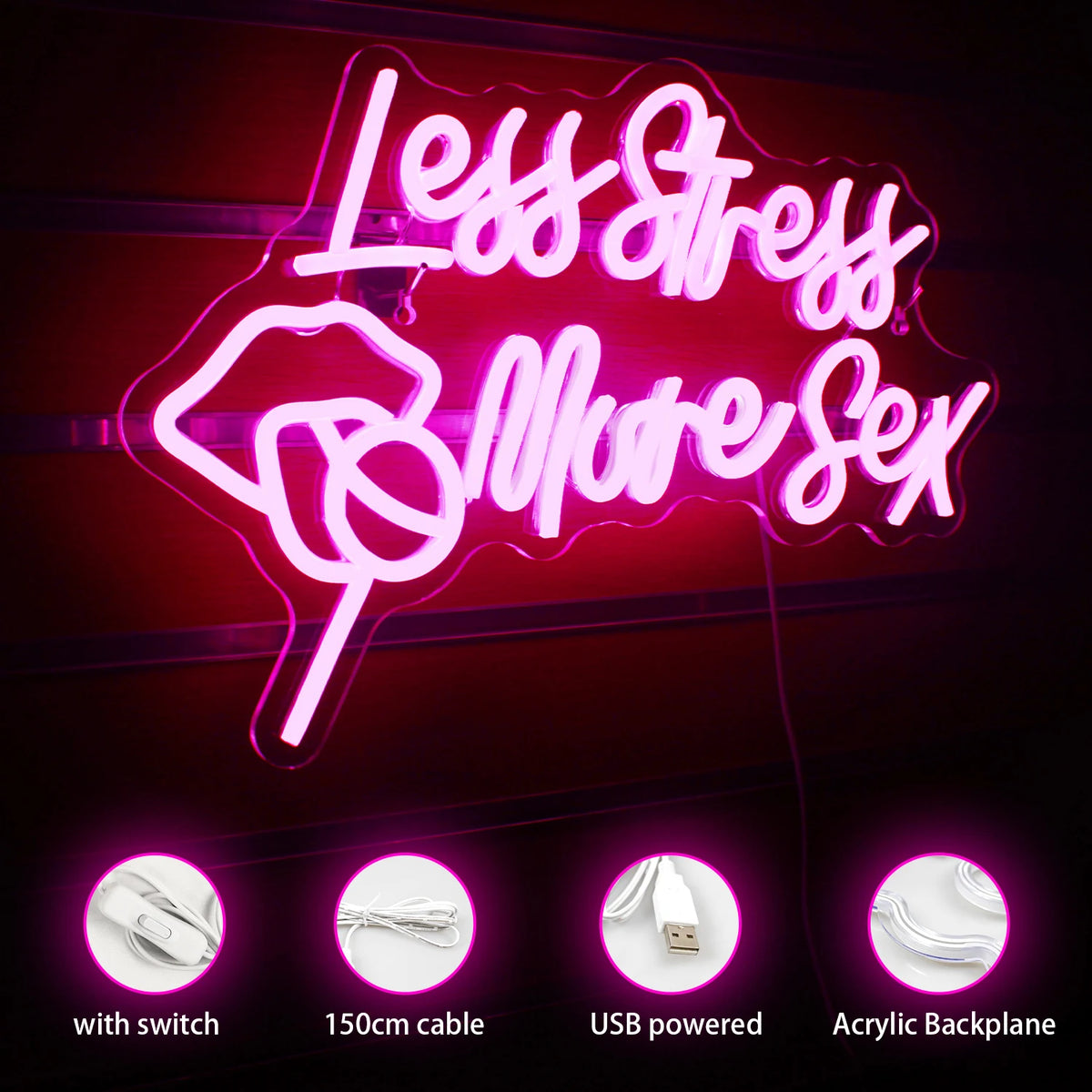Less Stress More Sex – Lippen en lolly – LED-neonbord (5 V USB)