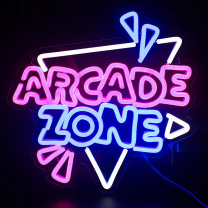 The image features a vibrant LED neon sign displaying the words "Arcade Zone" in bold, stylized letters.