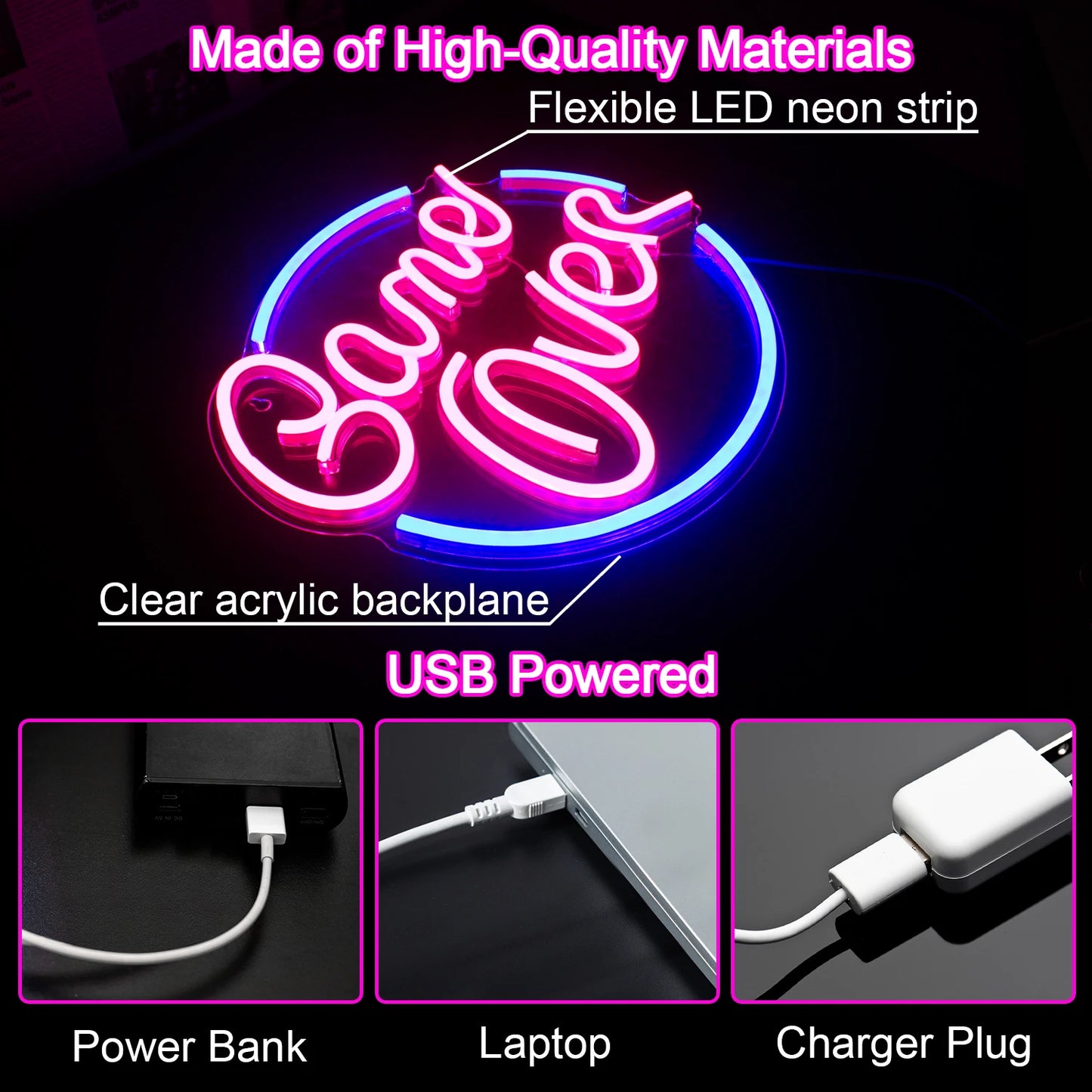 Game Over 5V USB LED Neon Sign - Budget Friendly