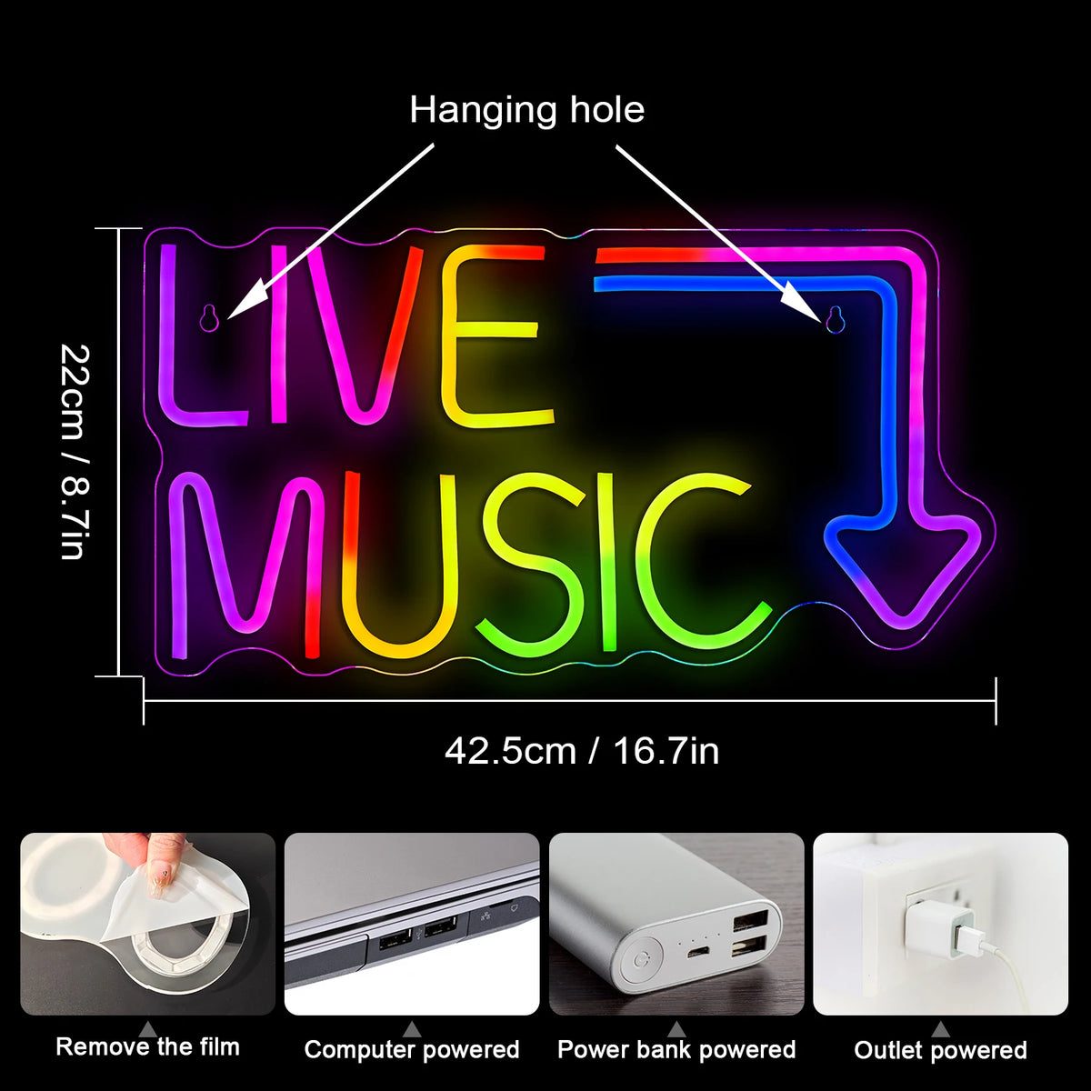 Live Music – Pijl – LED-neonbord (5 V USB)