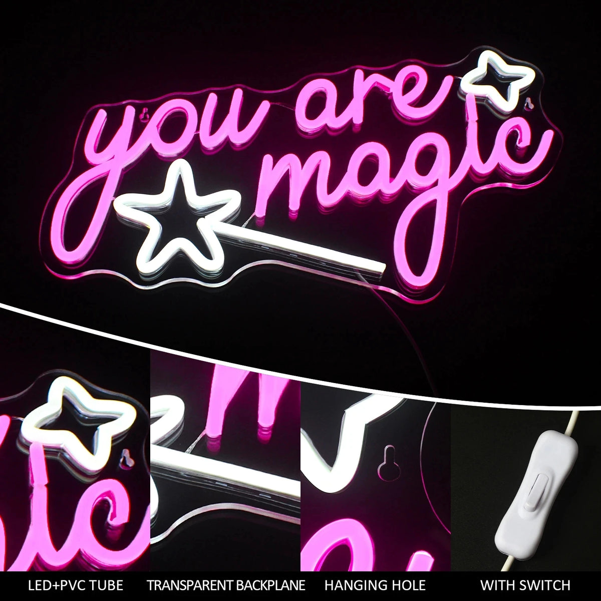 you are magic – Toverstaf en sterren – LED-neonbord (5 V USB)