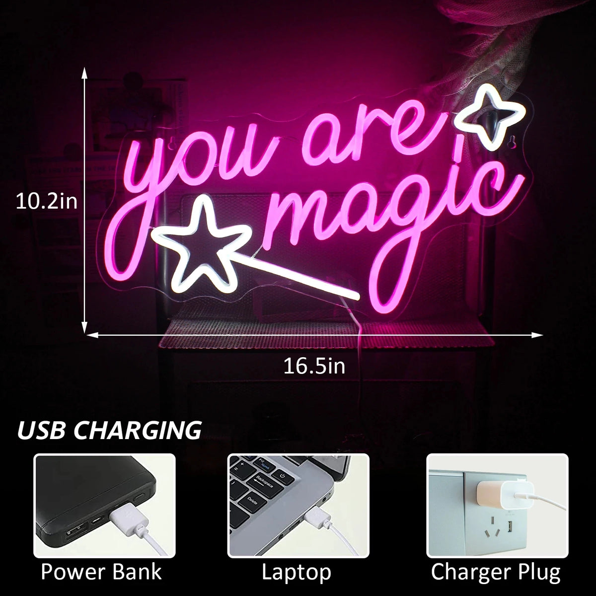 you are magic – Toverstaf en sterren – LED-neonbord (5 V USB)