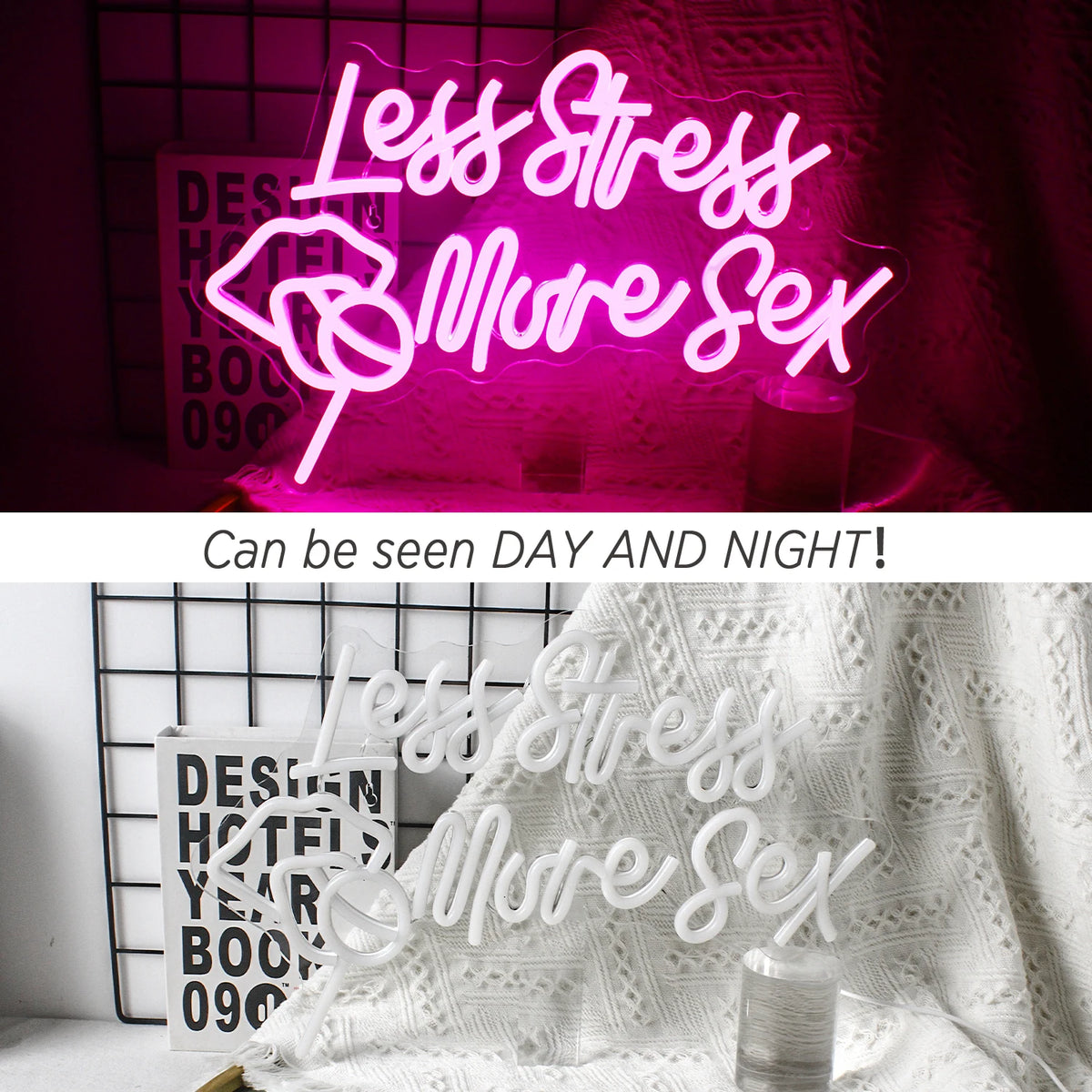 Less Stress More Sex – Lippen en lolly – LED-neonbord (5 V USB)