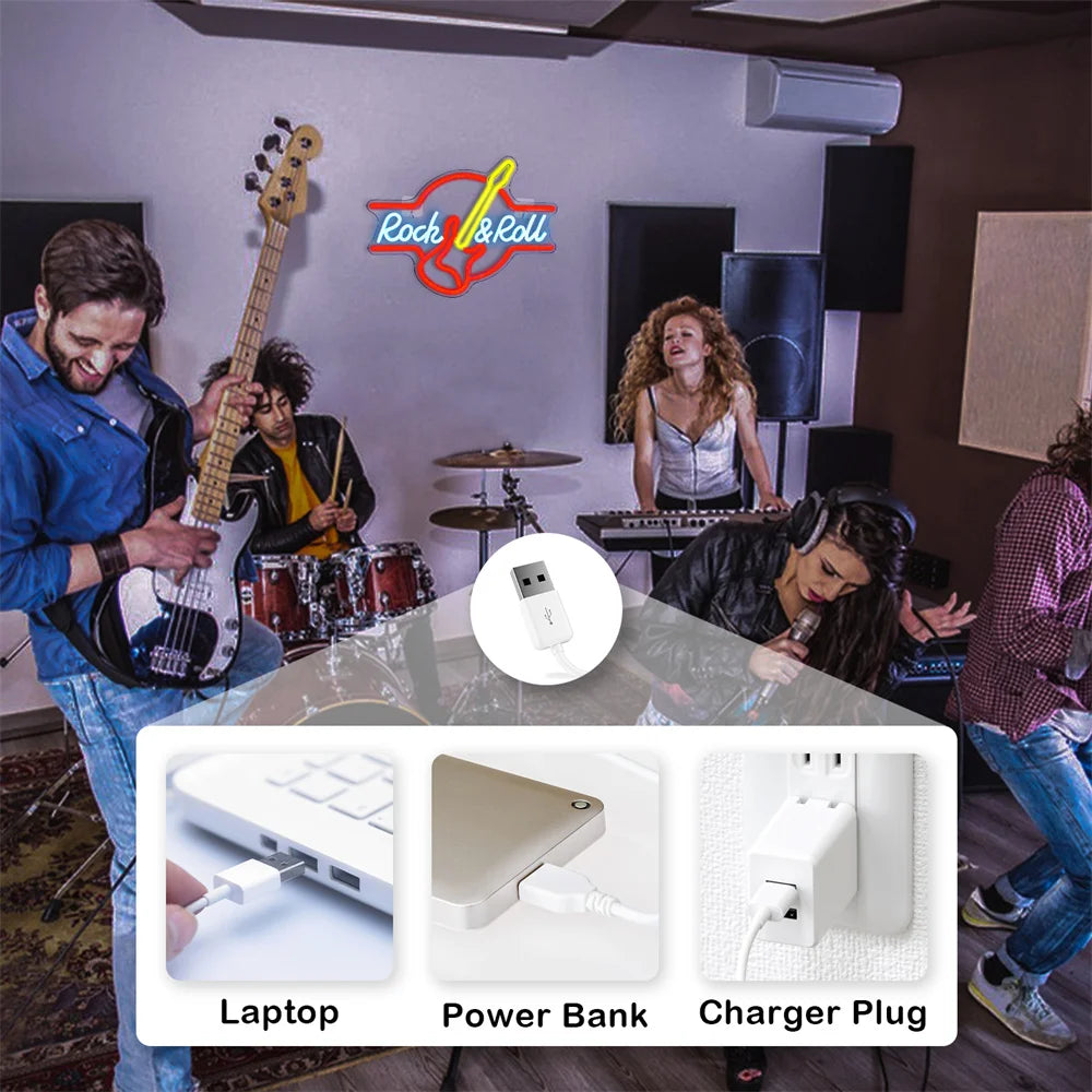 Guitar Rock and Roll 5V USB LED Neon Sign - Budget Friendly