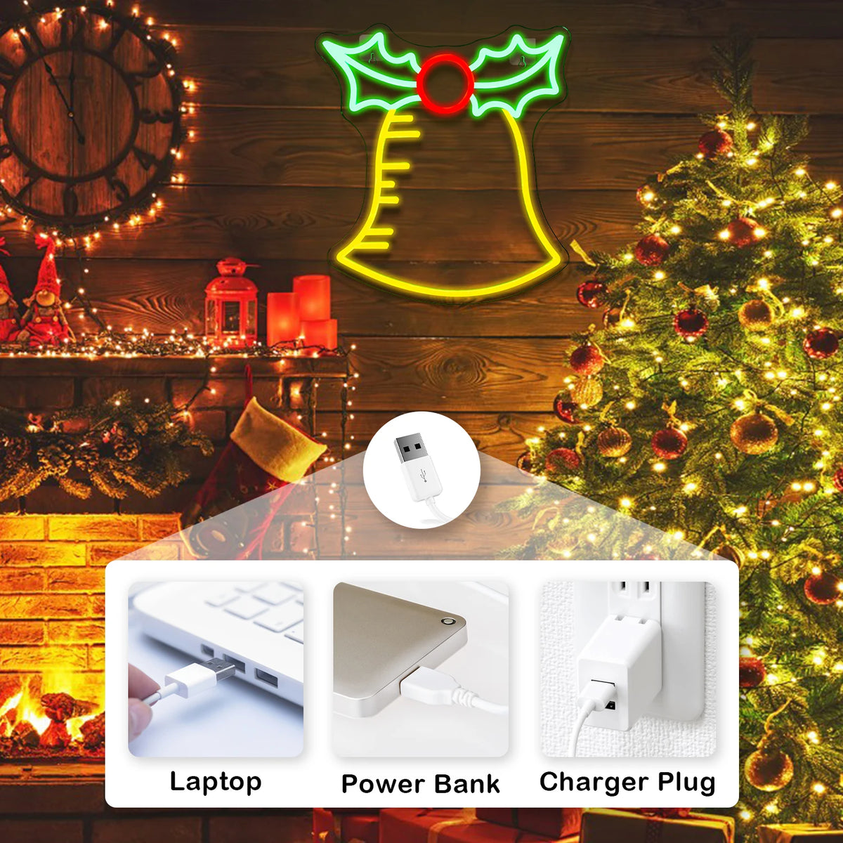 Bell Merry Christmas 5V USB LED Neon Sign - Budget Friendly