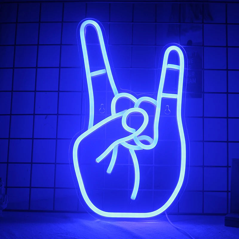 Image featuring a vibrant LED neon sign in the shape of a peace gesture.