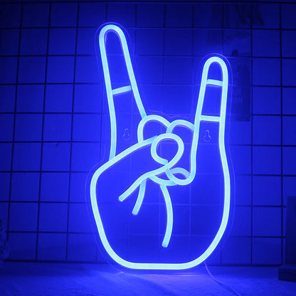 Image featuring a vibrant LED neon sign in the shape of a peace gesture.