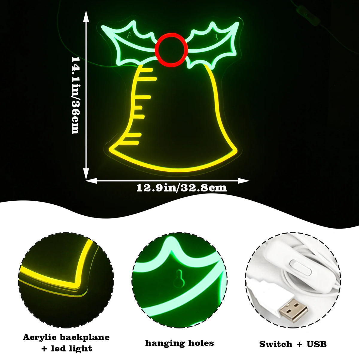 Bell Merry Christmas 5V USB LED Neon Sign - Budget Friendly
