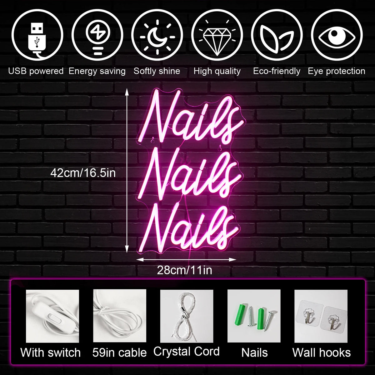 Nails Nails Nails – LED-neonreclame (5 V USB)