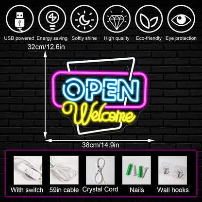 Open Welcome 5V USB LED Neon Sign - Budget Friendly