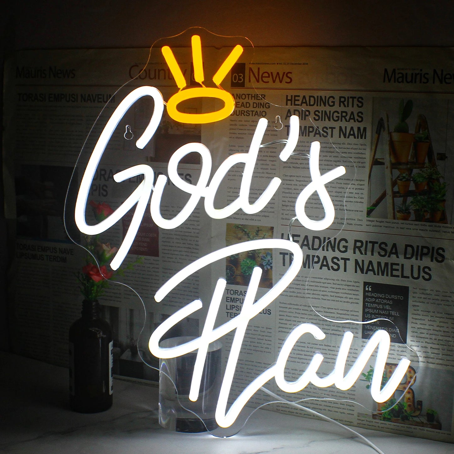 A vibrant LED neon sign displaying the phrase "God's Plan" in elegant cursive script.