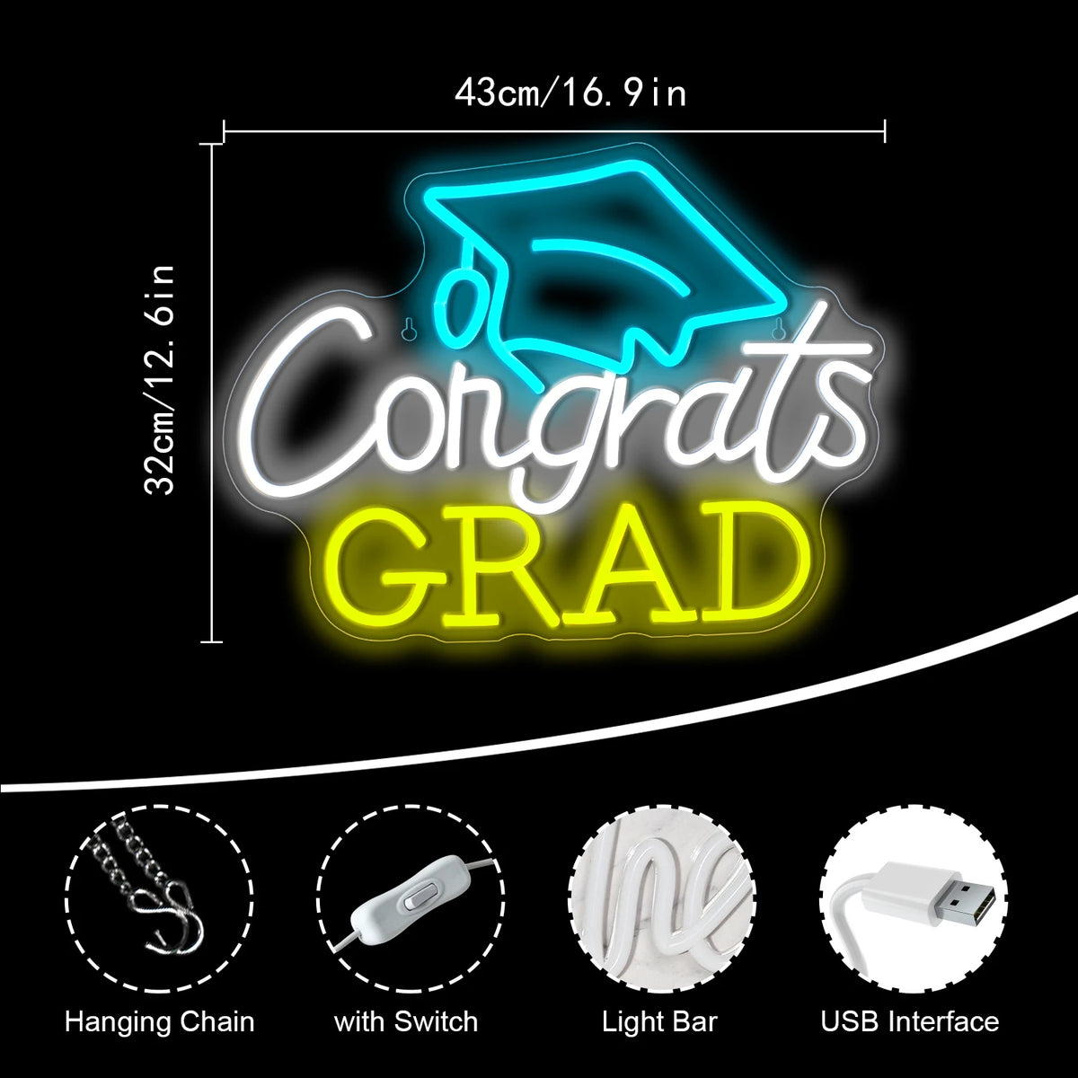 Congrats GRAD – Afstudeerhoed – LED-neonbord (5 V USB)