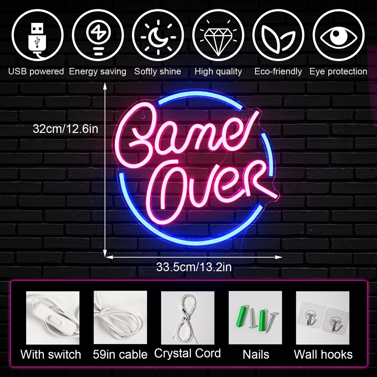 Game Over – Ronde rand – LED-neonbord (5 V USB)