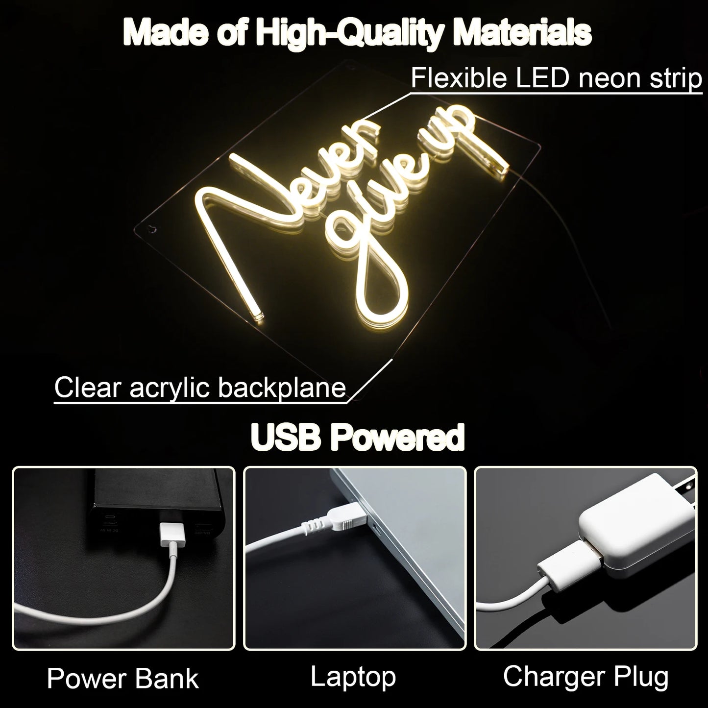 Never Give Up 5V USB LED Neon Sign - Budget Friendly