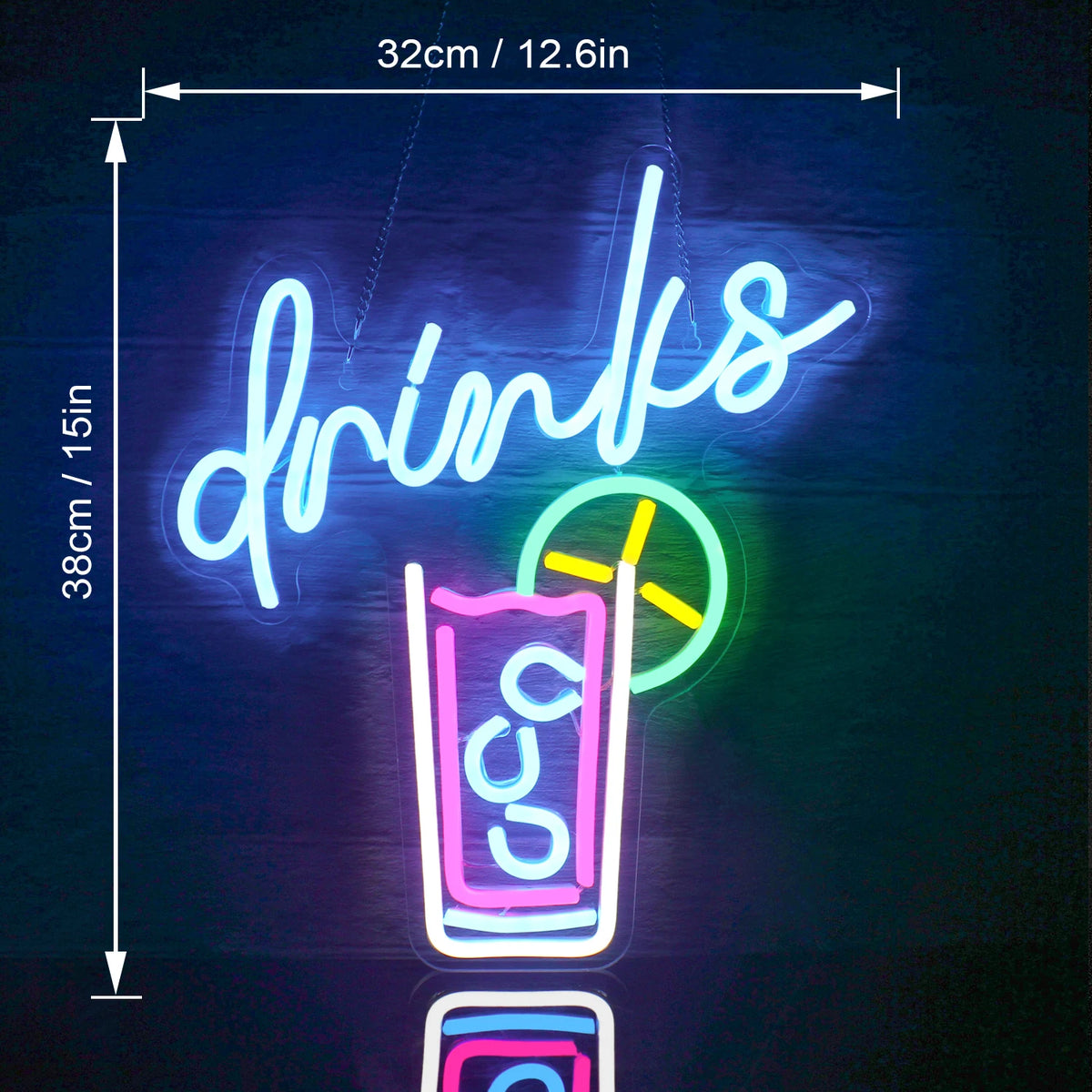 drinks – Glas met rietje en citrusschijfje – LED-neonreclame (5 V USB)