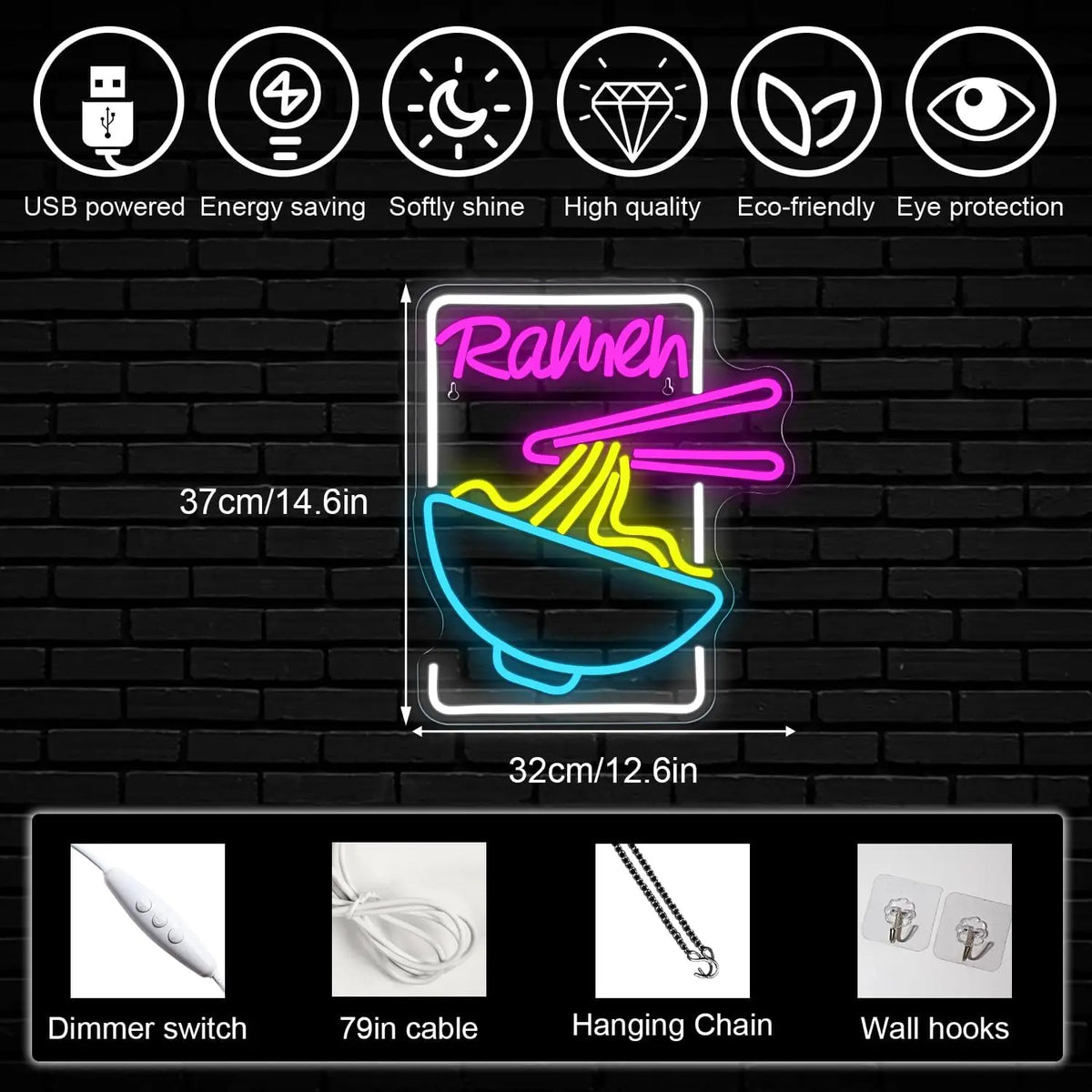 Ramen – Noedelkom en eetstokjes – LED-neonreclame (5 V USB)