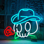 An illuminated LED neon sign featuring a stylized cowboy skull adorned with a classic cowboy hat.