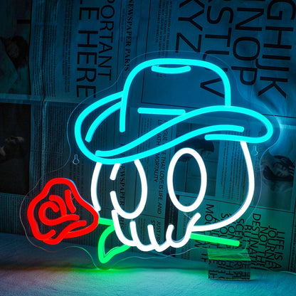 An illuminated LED neon sign featuring a stylized cowboy skull adorned with a classic cowboy hat.
