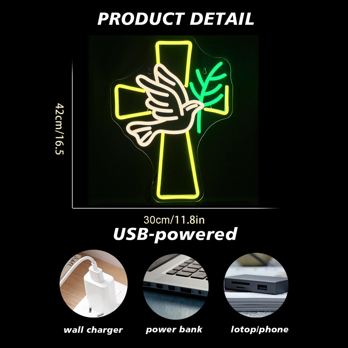 Kruis en vredesduif – LED-neonbord (5 V USB)