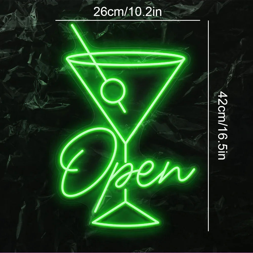 Open – Martiniglas met olijf – LED-neonreclame (5 V USB)