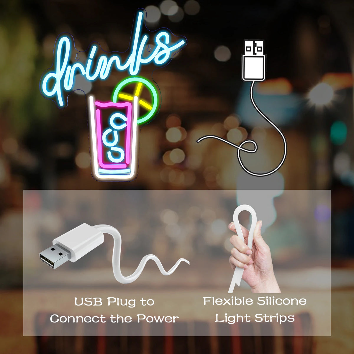 drinks – Glas met rietje en citrusschijfje – LED-neonreclame (5 V USB)