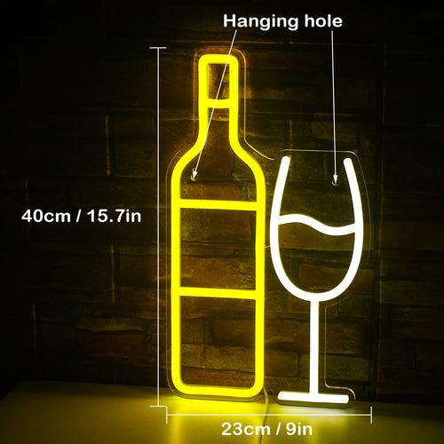 Wijnfles en glas – LED-neonreclame (5 V USB)