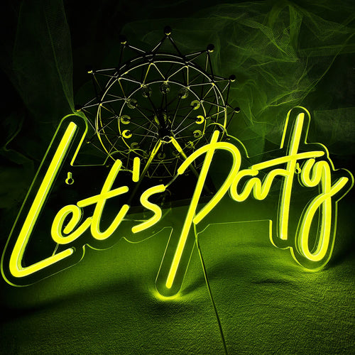Op de afbeelding is een levendig "Let's Party" LED-neonbord te zien.