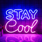 A vibrant "Stay Cool" LED neon sign is displayed, featuring bold, cursive lettering.