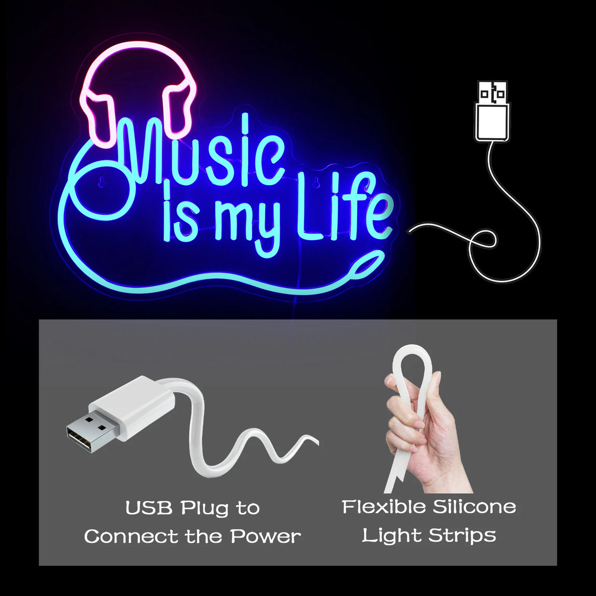 Music is my Life – Hoofdtelefoon – LED-neonbord (5 V USB)