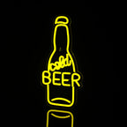 The image showcases a vibrant LED neon sign in the shape of a beer mug.