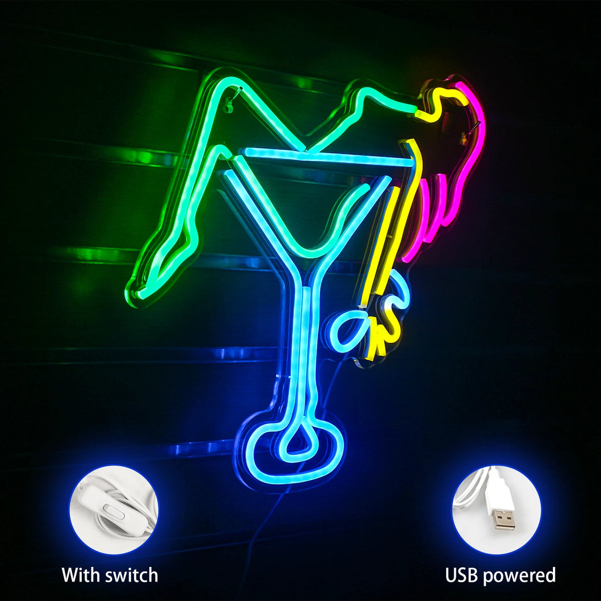 Vrouw die in een cocktailglas ligt – LED-neonreclame (5 V USB)