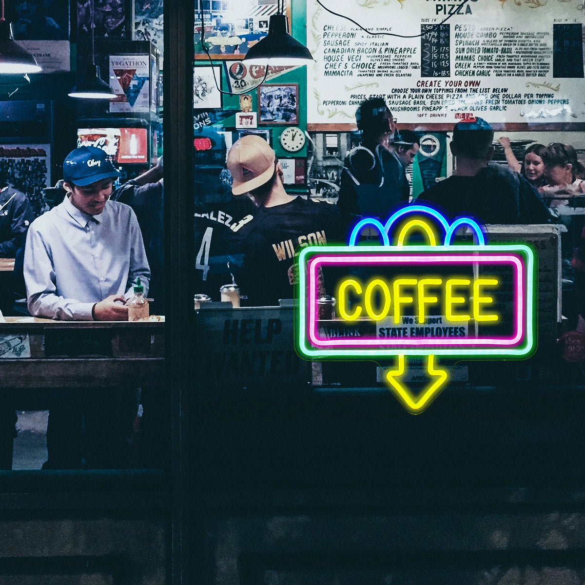 COFFEE – Rechthoekig kader en pijl naar beneden – LED-neonreclame (5 V USB)