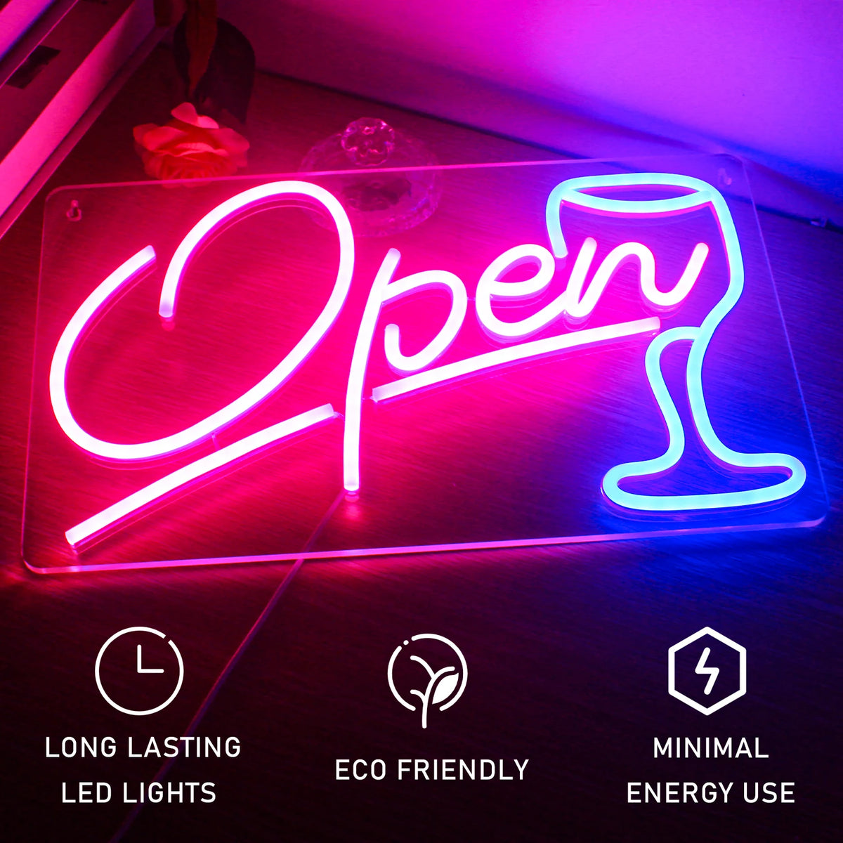 Open – Wijnglas – LED-neonreclame (5 V USB)