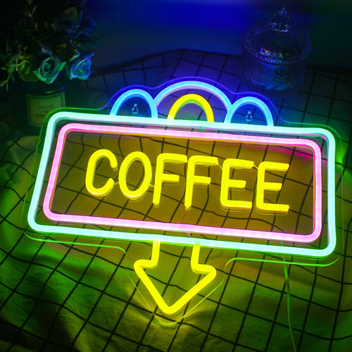 COFFEE – Rechthoekig kader en pijl naar beneden – LED-neonreclame (5 V USB)