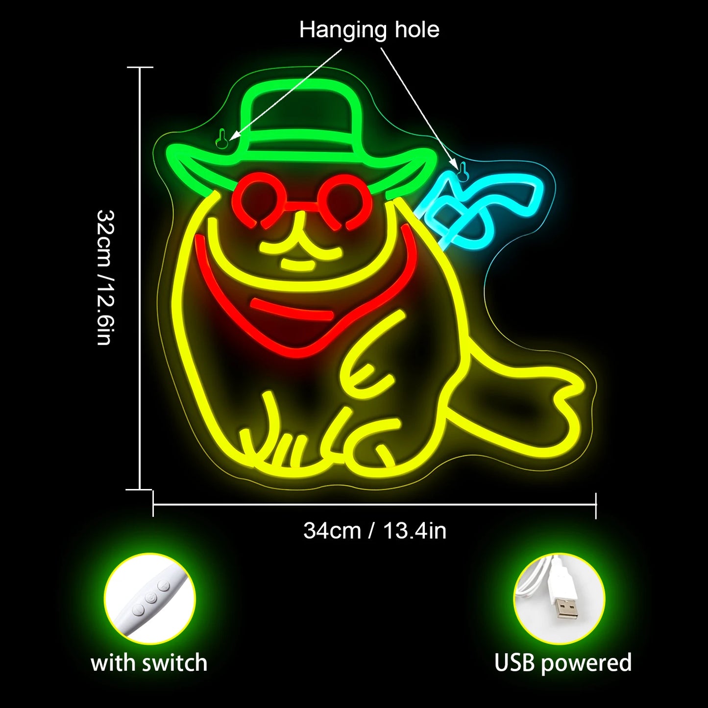 Cowboy Cat 5V USB LED Neon Sign - Budget Friendly