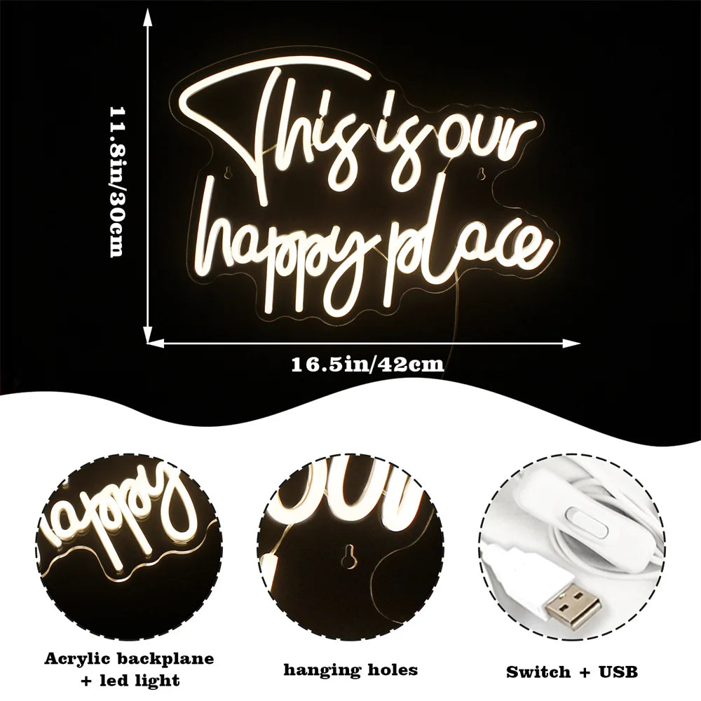 This is our happy place 5V USB LED Neon Sign - Budget Friendly
