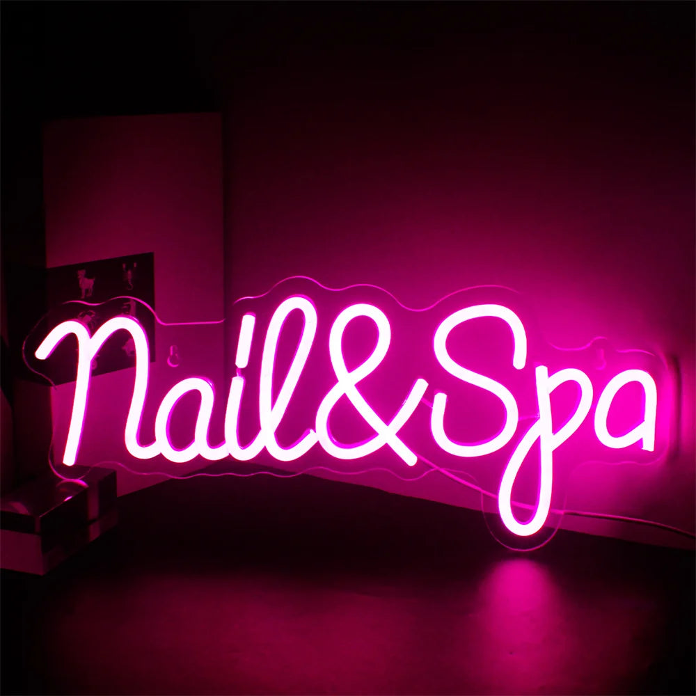The image showcases a vibrant LED neon sign designed for a nail spa.