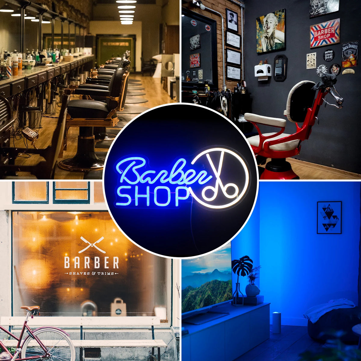 Barber SHOP – Schaar in een ronde omtrek – LED-neonreclame (5 V USB)