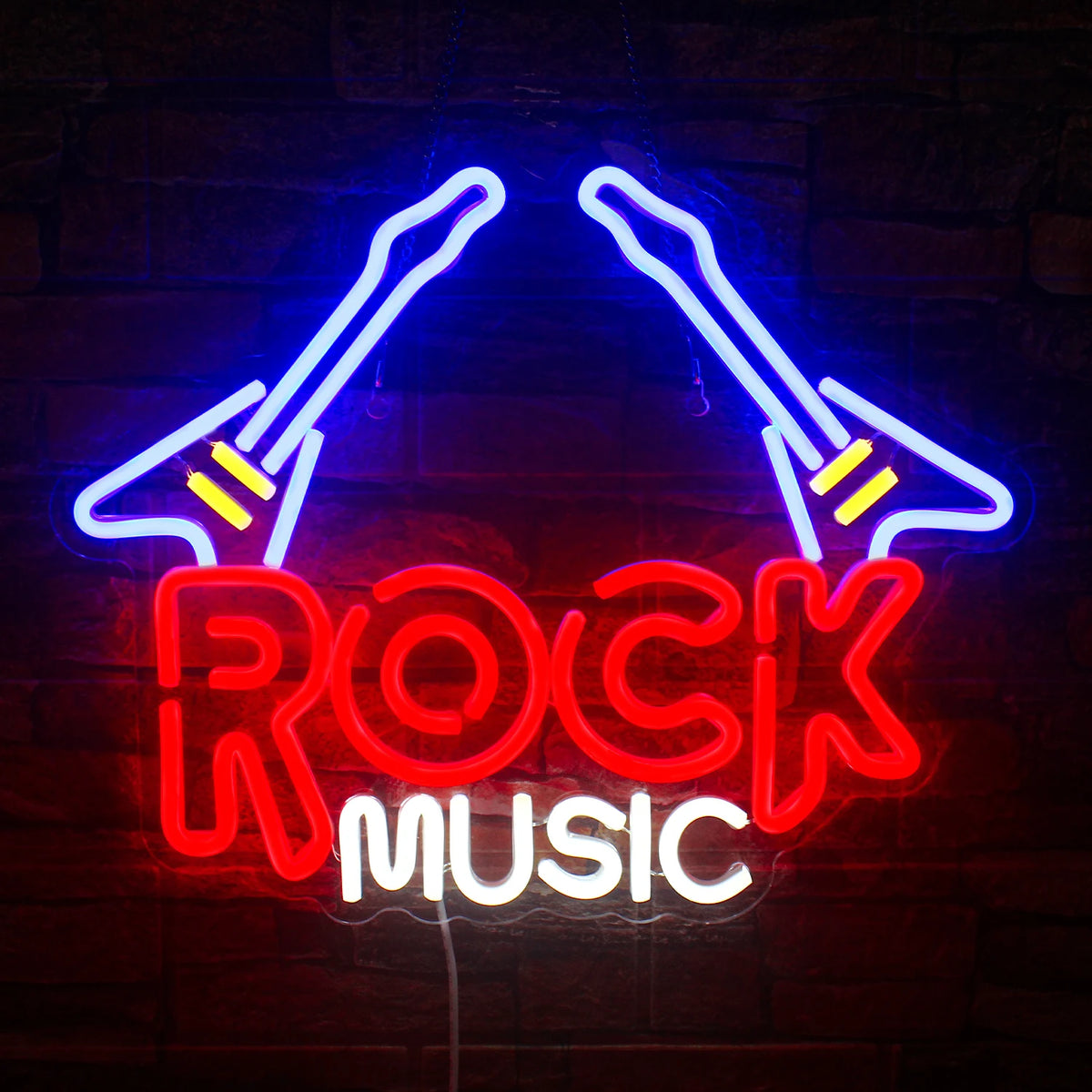De afbeelding toont een levendig Rock Guitar LED-neonbord met een gestileerde elektrische gitaar, omlijnd met felle neonkleuren.