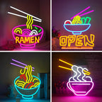 The image showcases a vibrant, handmade LED neon sign depicting a stylized bowl of ramen.