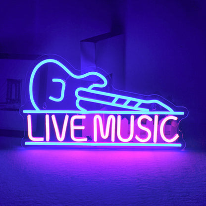 The image features a handmade LED neon sign shaped like an electric guitar, glowing vibrantly against a dark background.