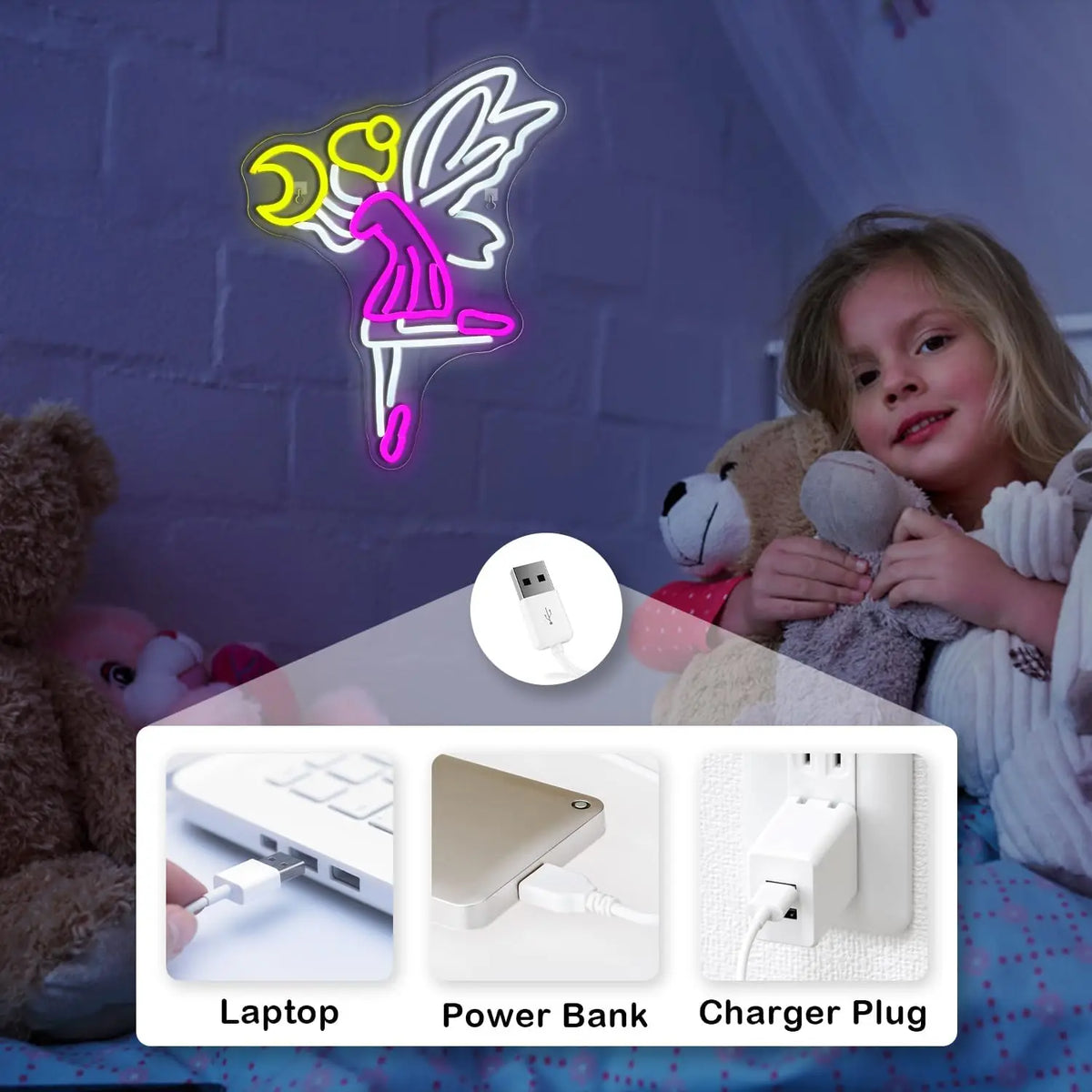 Vliegende fee en maan – LED-neonbord (5 V USB)