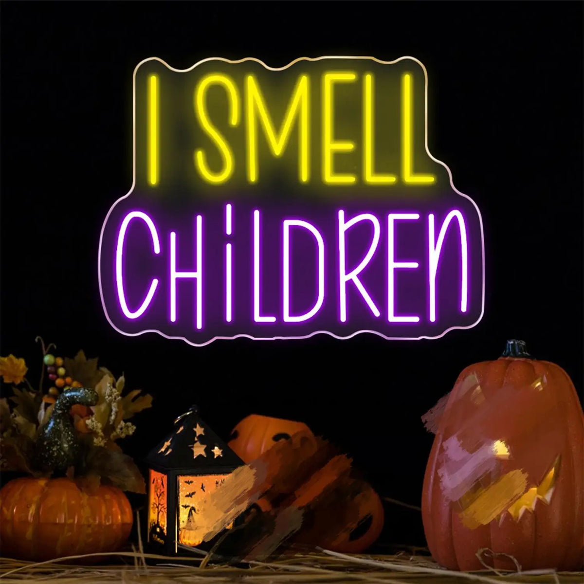 De afbeelding toont een levendig LED-neonbord met Halloween-thema.