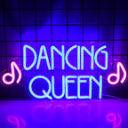 A vibrant LED neon sign displaying the words "Dancing Queen" in bold, flowing script.