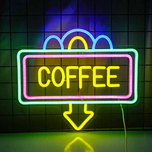 Op de afbeelding staat een stijlvol LED-neonbord in de vorm van een dampende kop koffie.