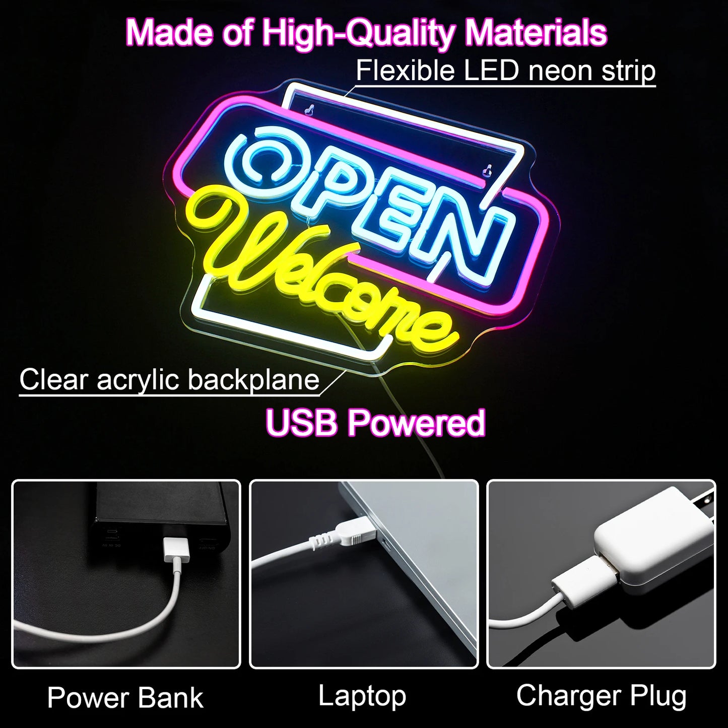 Open Welcome 5V USB LED Neon Sign - Budget Friendly